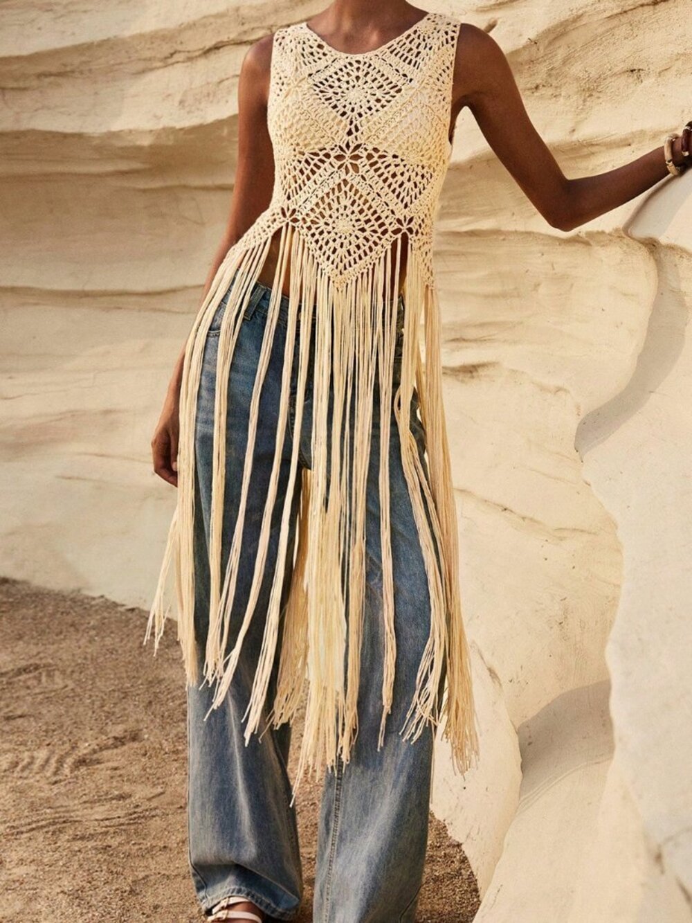 Apricot Casual Women's Hollow-Out Fringed Sleeveless Knit Top - Picture 6 of 7